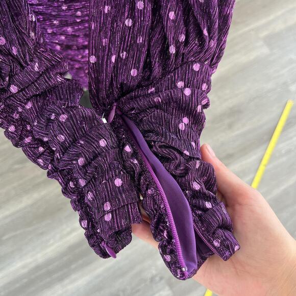 For Love & Lemons Purple Metallic Polka Dot Ruched Puff Sleeve Dress - Picture 2 of 8